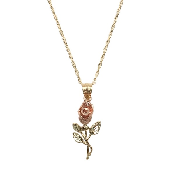 Solid 10k Gold Tri Color Rose Pendant Necklace - Picture 3 of 5